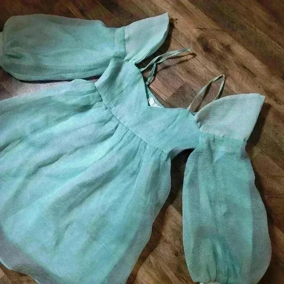 Klesis Mint Babydoll Off-Shoulder Longsleeve Shimmer Dress Size Small - Picture 3 of 9